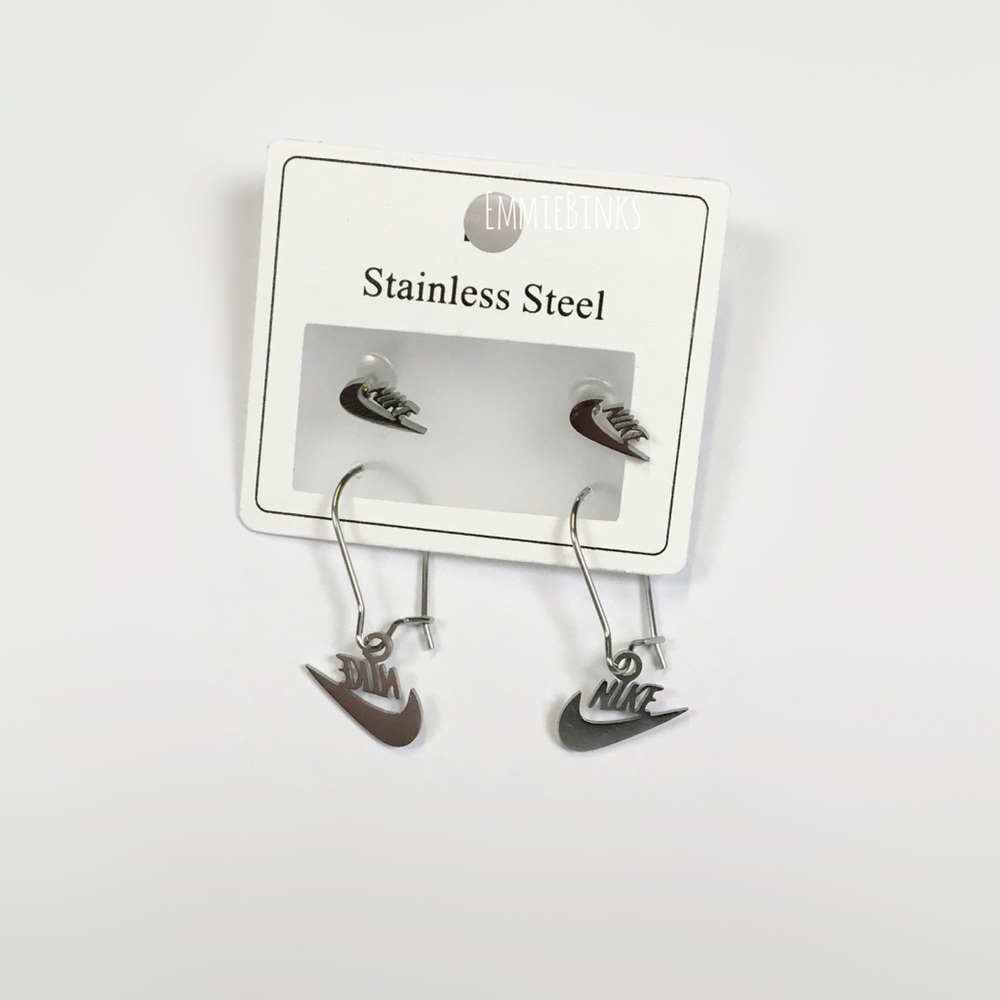 New NIKE Swoosh Stainless Steel Laser Earrings / Minimalist Nike Cutout Set - Picture 13 of 16